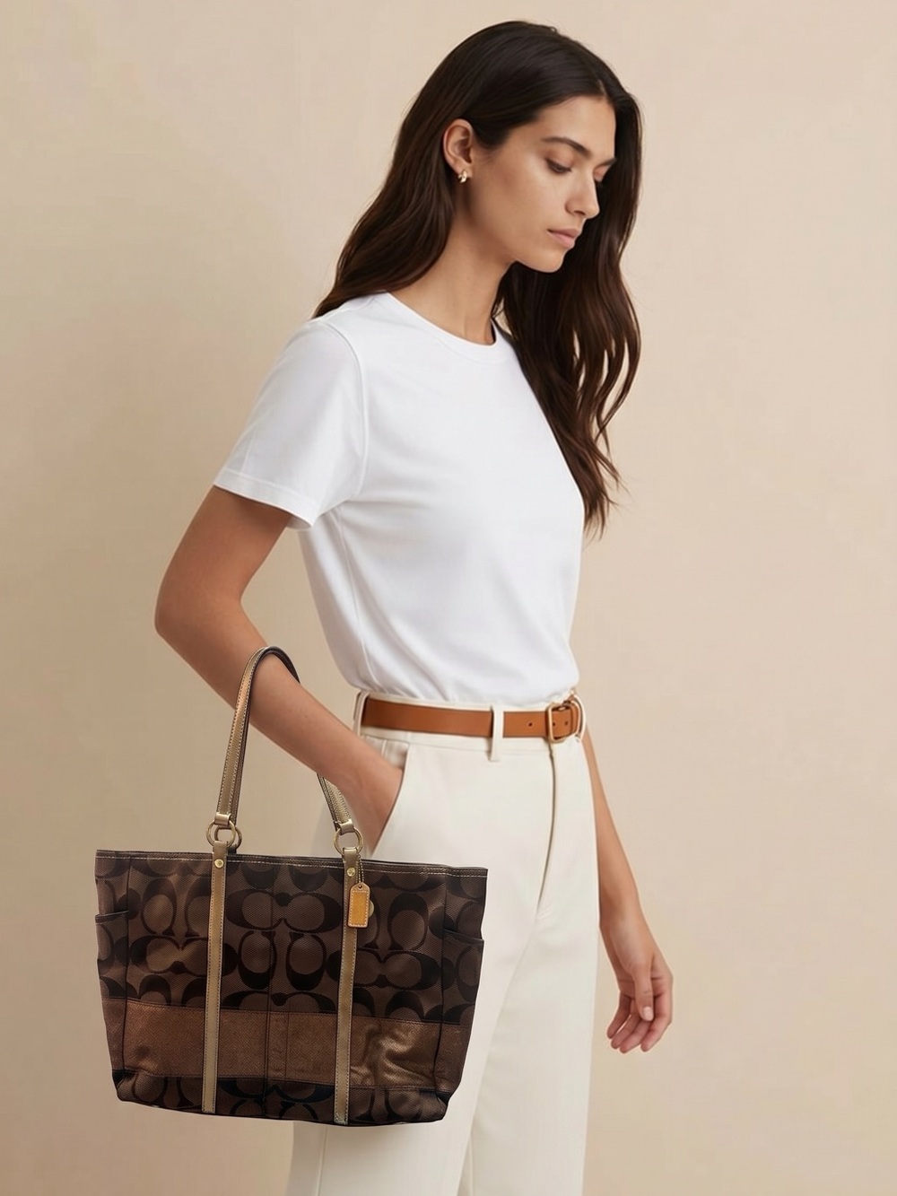 Coach Brown Signature Canvas Tote with Gold Accents